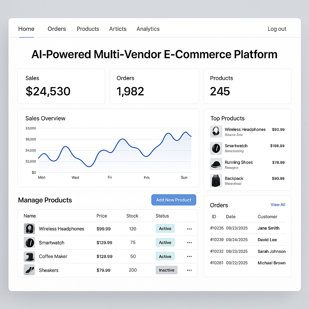 Screenshot of a modern AI-powered multi-vendor marketplace dashboard